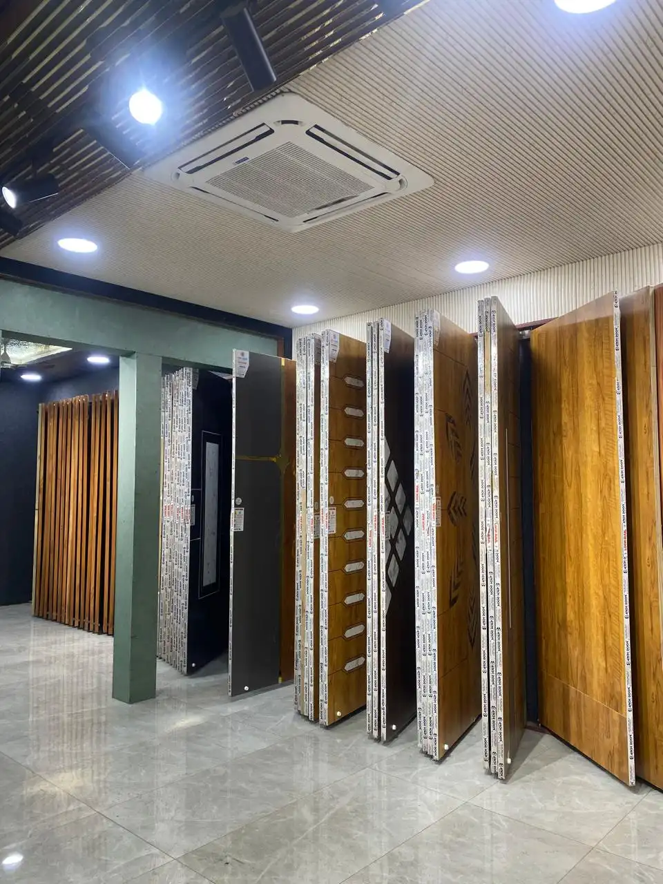 Designer door displays in flip-through racks at the showroom