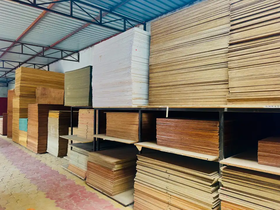 Close view of graded plywood sheet inventory in the stockroom