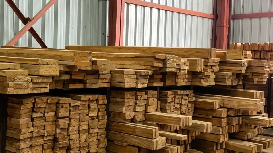 Close view of stacked hardwood lumber on warehouse racks